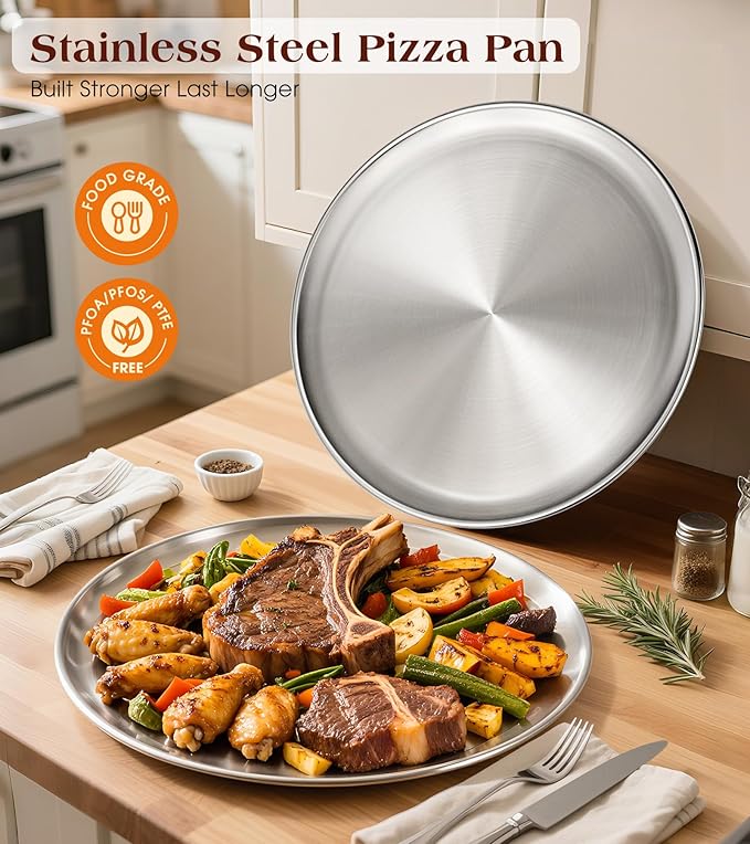 Stainless Steel Pizza Pan 14 inch, Pizza Pan for Oven, Steel Pizza Tray, Thick Round Pizza Plate Pizza Baking Sheet, Easy Clean & Dishwasher Safe, Set of 1