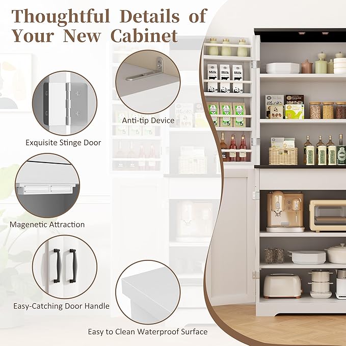 Shintenchi Kitchen Pantry Cabinet, Freestanding Farmhouse Storage Cabinet with 8 Door Shelves, 2 Cabinets and 1 Drawer, Tall Cupboard for Kitchen, Living Room, Dining Room and Bathroom, White