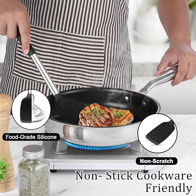 TeamFar Cooking Utensils Set, 5 PCS Silicone Kitchen Utensils with Stainless Steel Handle, for Nonstick Cookware Flipping Frying Turning Draining, Heatproof & Healthy, Nonstick & Easy Clean, Black