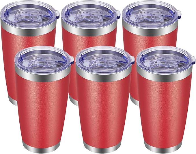 VEGOND 20oz Tumbler with Lid and Straw Stainless Steel Tumbler Cup Bulk Vacuum Insulated Double Wall Travel Coffee Mug Powder Coated Coffee Cup(Powder Red 6 Pack