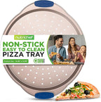 NutriChef 13-Inch Non-Stick Pizza Tray - with Silicone Handle, Round Steel Non-stick Pan with Perforated Holes, Premium Bakeware, Pizza Tray with Extended Handles, Dishwasher Safe - Champagne Gold