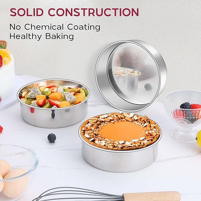 Onader 6 Inch Round Cake Pan Tin Set of 3, Stainless Steel Small Baking Pan for Wedding Birthday
