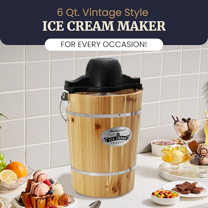 Elite Gourmet Old Fashioned 6 Quart Vintage Appalachian Wood Bucket Electric Ice Cream Maker Machine, *Bonus Classic Die-Cast Hand Crank for Churning, Uses Ice and Rock Salt Churns Ice Cream in Minute