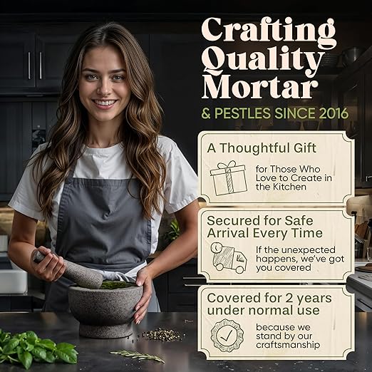 ChefSofi Mortar and Pestle Set - Black Polished Exterior - 1.5 Cup Capacity