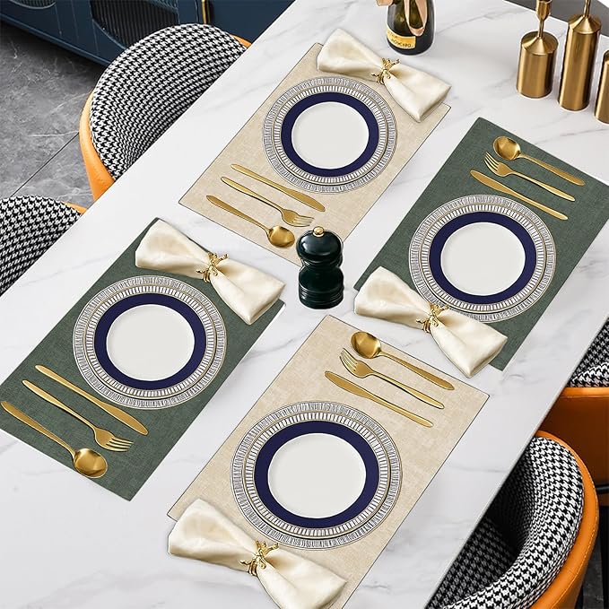 SUEH DESIGN Leather Placemats Set of 6 Reversible Table Mats Heat Resistant Waterproof No-Slip Place Mats for Dining Table Kitchen Parties, Dark Green and Beige