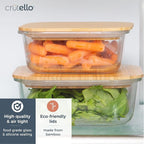 Crutello Glass Storage Containers with Bamboo Lids - Eco-Friendly Non Toxic Meal Prep Jars with Wooden Lid for Fridge and Kitchen Organization - Non Plastic Container for Fruit Bowls 2 Pack