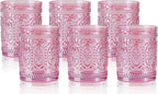 6 Pack Pink Vintage Glassware Set, 10oz Romantic Drinking Glasses, Colored Water Glasses, Pink Embossed Glass Cups for Juice, Cocktails, Beer, Iced Tea, Soda