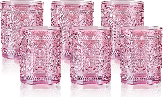 6 Pack Pink Vintage Glassware Set, 10oz Romantic Drinking Glasses, Colored Water Glasses, Pink Embossed Glass Cups for Juice, Cocktails, Beer, Iced Tea, Soda
