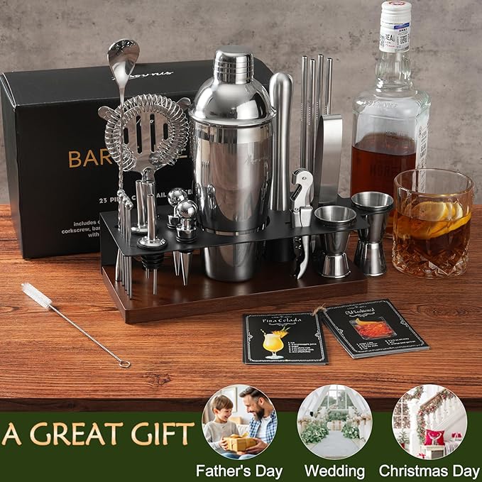 23-Piece Bartender Kit, Cocktail Shaker Set with Stand | Bar Drink Mixer Set with All Essential Bar Tools: Martini Shaker, Jigger, Strainer, Spoon, Muddler, Pourers, for Home, Bar, Party