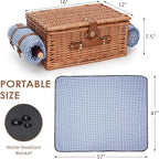 Picnic Baskets for 2, Picnic Basket with Waterproof Blanket, Picnic Basket Set with Washable Beach Mat & Large Insulated Cooler Compartment, Handmade Natural Wicker Hamper for Camping, Outdoor Party
