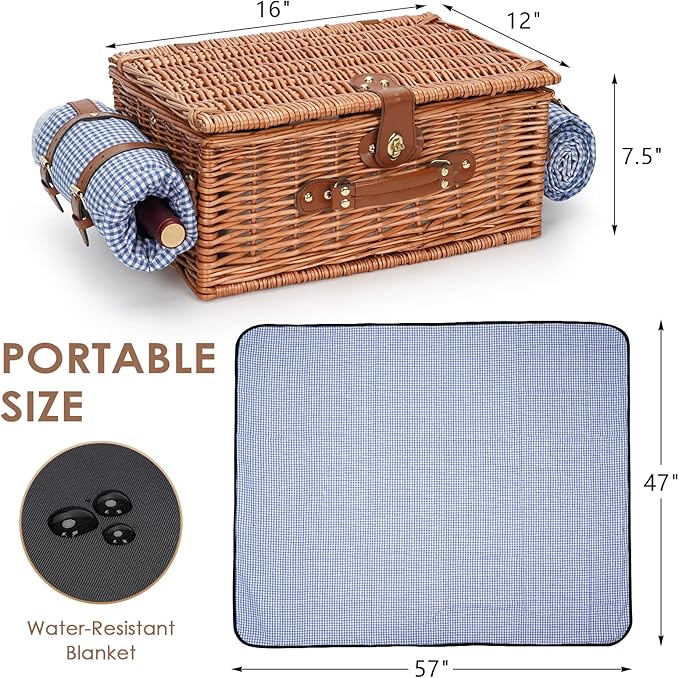 Picnic Baskets for 2, Picnic Basket with Waterproof Blanket, Picnic Basket Set with Washable Beach Mat & Large Insulated Cooler Compartment, Handmade Natural Wicker Hamper for Camping, Outdoor Party