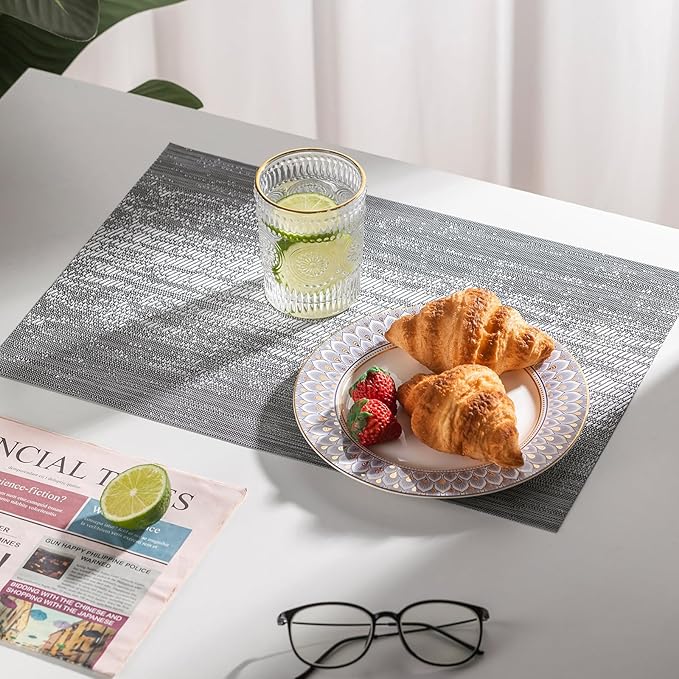 LEXMORE PVC Woven Placemats 6 PCS Wipeable Indoor/Outdoor Table Mats Washable Vinyl Place Mat for Dining Table, Set of 6-Gray