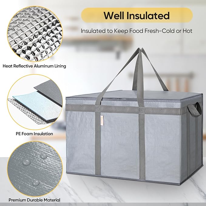 BALEINE 2Pk Insulated Reusable Grocery Bags, Collapsible Cooler Bag for Groceries, Heavy Duty Large Insulated Bag (24''x14''x15'', Urban Gray)