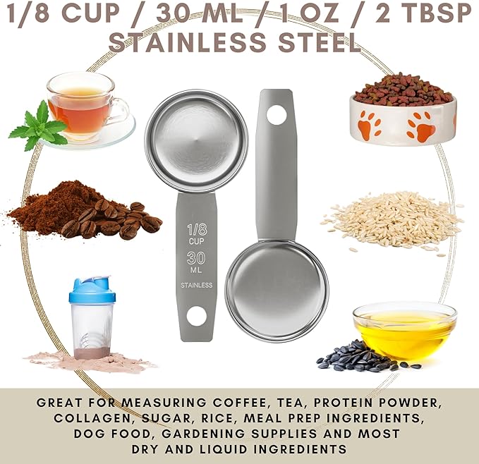 1/8 Cup Stainless Steel Measuring Cup | Sturdy Metal 30 ml | 30 cc | 1 oz | Single Cup for Wet and Dry Ingredients | Great for use as 1/8 Cup Coffee Scoop - 1 PK