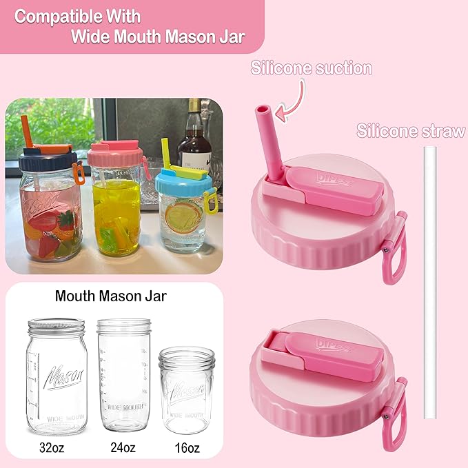 4 Pack Wide Mouth Mason Jar Lids with Straw, Leak-Proof Covers for Drinking or Storage, Fits Ball & Kerr Mason Jars