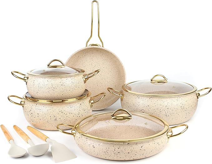Fully Clad 5-Ply Stainless Steel Cookware Set, 12Pcs Nonstick Pots and Pans Set with Stay-Cool Handles, Induction Compatible, Stackble Design, Includes with Frying Pan, Saucepans and Saute Pan (Beige)