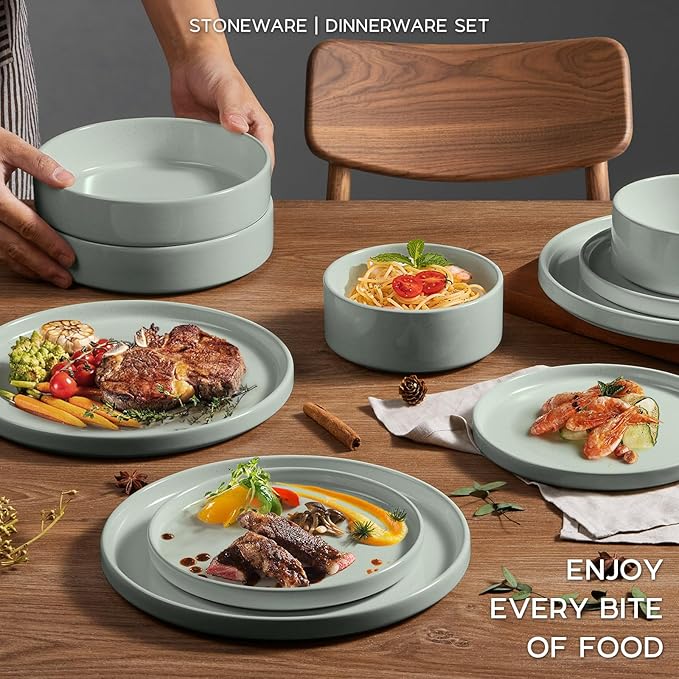 Stoneware Dinnerware Sets, Onader 8 Piece Plates and Bowls Dishes Sets for 2, Speckled Kitchen Dishware Dining Ware with Double Bowl – Pale Sage Green