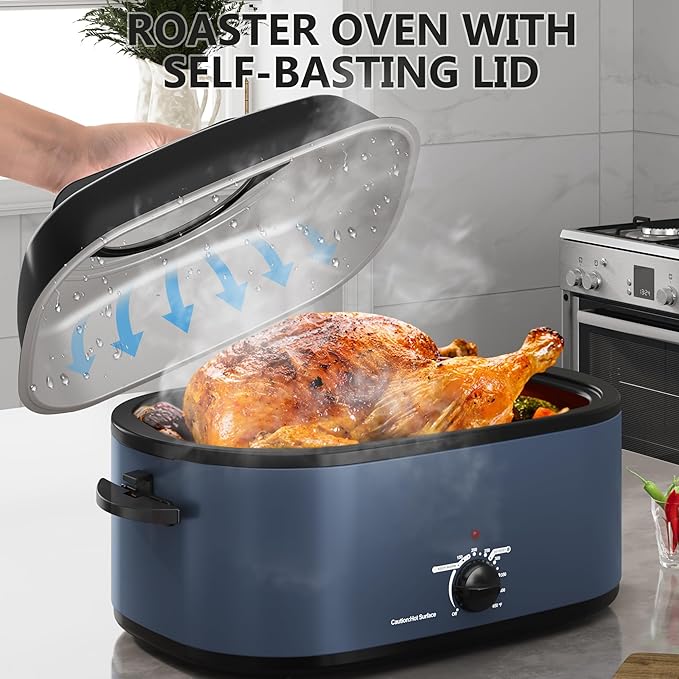 SUNVIVIPRO Roaster Oven 28 Quart, Electric Turkey Roaster with Self-Basting Lid, Removable Pan & Rack, Variable Temp Control, Stainless Steel, Blue