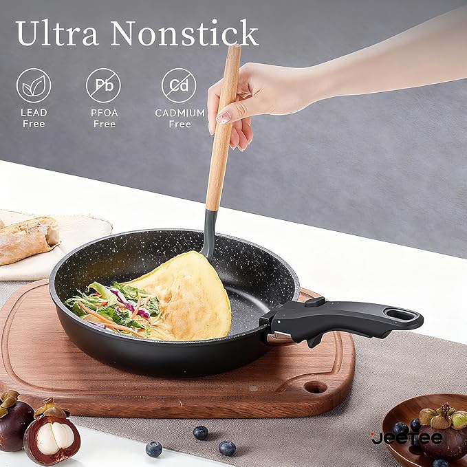 JEETEE Pots and Pans Set Non Stick 17pcs, Kitchen Cookware Sets with Detachable Handle, Induction Nonstick Cookware Set with Removable Handle, Stackable RV Cookware, Oven Safe, PFAS/PFOA Free, Black