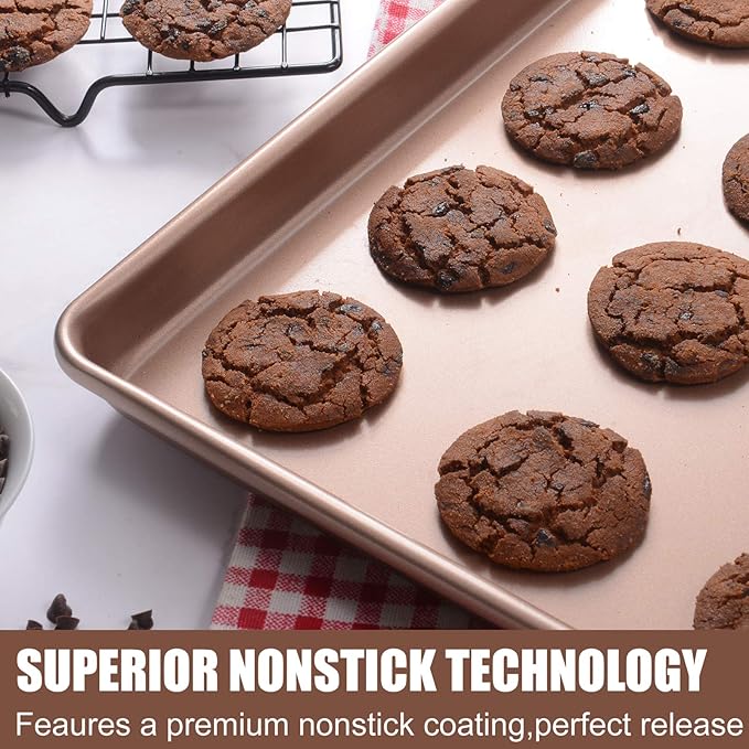 Heavy Duty Baking Sheets for Toaster Ovens - 12.5x10.5 Inch Nonstick Cookie Pan Set (0.8mm 2X Thicker Carbon Steel) Warp & Rust Proof, PFOA Free -Champagne Gold Trays