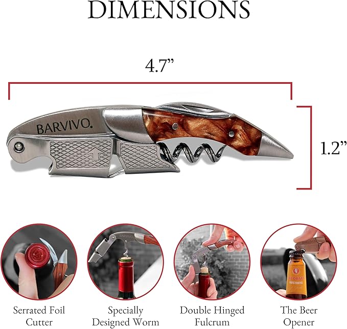 Barvivo Gold Resin Wine Opener with Foil Cutter Knife and Cap Remover, Double Hinged Manual Wine Key for Bartenders, Servers, Waiters, Stainless Steel Wine Bottle Opener Corkscrew