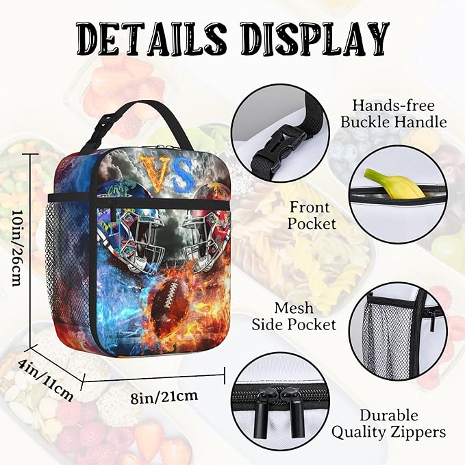American Football Lunch Bag for Boys Girls Insulated Football Lunch Box for Kids Teen Adult Reusable Kids Lunch Bag for School Work Office Travel Waterproof Leakproof Portable Fits Most Bento Boxes