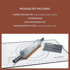 White Marble Rolling Pin with Stainless Steel Handles Baking Set - Silicone Baking Mat, Bench Scraper, Wooden Base