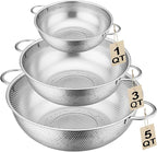 3-Piece Stainless Steel Colander Set with Handles - 5Qt/3Qt/1Qt Nesting Strainers for Pasta, Veggies, Fruit Drainage, Durable Micro-Hole Mesh for Fast Water Flow