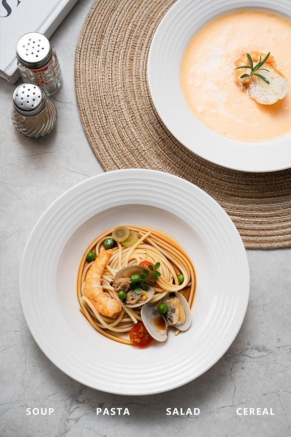 8.7-inch Wide Rim Ceramic Soup Bowl - Lead-Free White Pasta Bowls for Spaghetti, Salad, Stew, Rice Microwave & Dishwasher Safe - Scratch-Resistant & Heatproof Design Set of 2