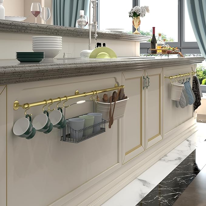 ROTHLEY Stainless Steel Pot and Pan Hanger - 39.4 Inch Wall Mounted Hanging Pots and Pans Rack for Kitchen Wall Rail with Hooks (Brass)