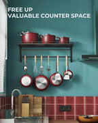 OROPY 23 Inch Wall Mounted Pot Rack Storage Shelf with 2 Tier Hanging Rails 12 S Hooks included, Ideal for Pans, Utensils, Cookware, Plant Black