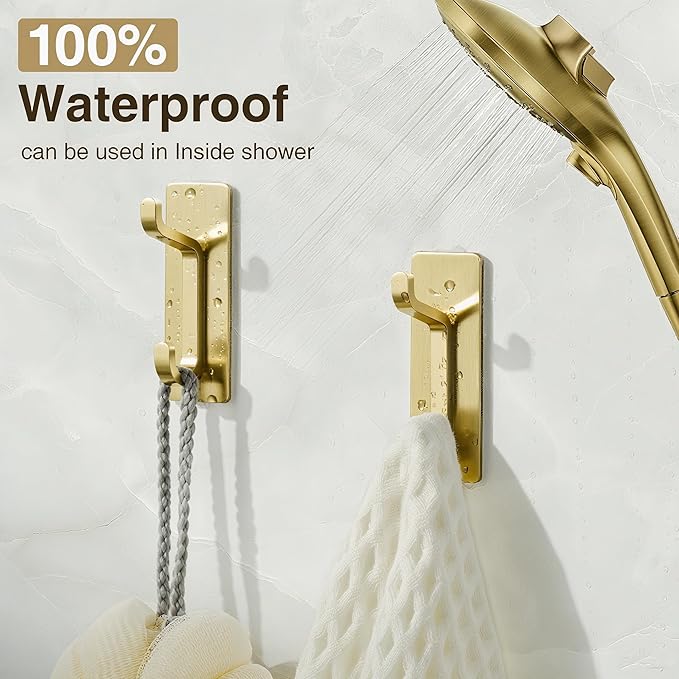 Self Adhesive Wall Hooks for Hanging: Extra Strong 13 LB, Hook for Coat, Towel in Bathrooms, Shower, Kitchen, Wall, Door Hook, Brushed Gold 4 Pack