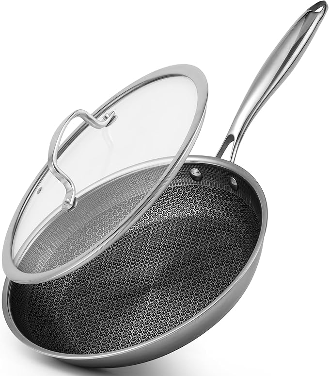 8 Inch Hybrid Non Stick Frying Pan Set Skillet Stainless Steel Skillet Chef's Pan with Matching Lid, PFOA-Free Non-Toxic Cookware, Dishwasher & Oven Safe, Induction Compatible All Cooktop