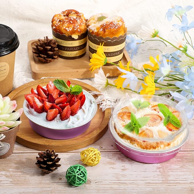Beasea Disposable Mini Pans with Lids, 100 Pack 4” 8oz Pink Aluminum Baking Pie Foil Tins Small Round Tart Cups Containers for Individual Cupcake Muffin Cheesecake Dessert Ramekins Quiche Oven Dishes