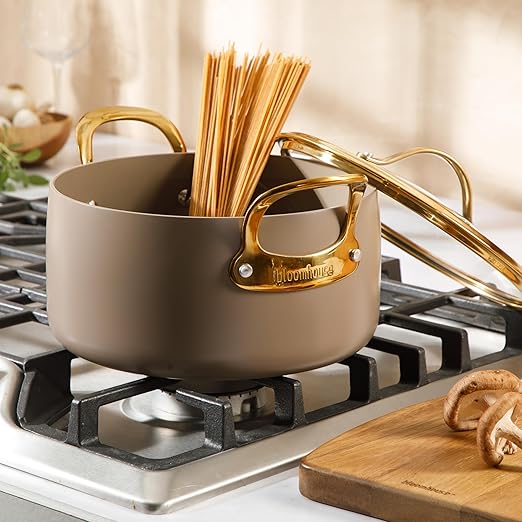 Bloomhouse - Two Time Oprah's Favorite Things Winner - 6 Quart Heavy Duty Aluminum Premium PFA Free Ceramic Nonstick Dutch Oven Pot with Lid - Cappuccino Cream with Gold Handle