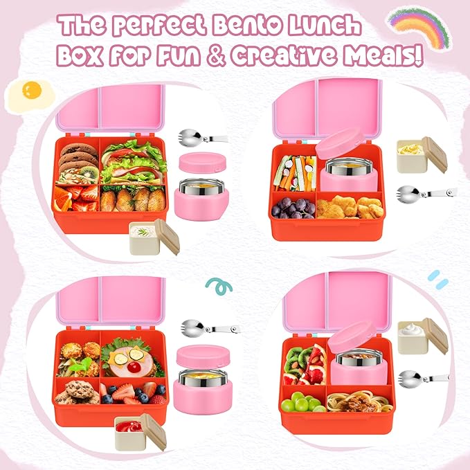 Bento Lunch Box for Kids with 9oz Soup Thermo, Leakproof Lunch Food Containers with 4 Compartment, Kids Thermo Hot Food Jar for School Travel