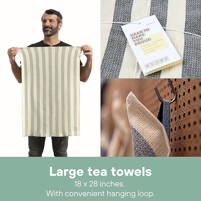 MEEMA Kitchen Towels and Dishcloths Sets of 4 | Large 18 x 28 Inch | Upcycled Cotton Tea Towel | Super Absorbent Cotton Dish Towels for Kitchen | Sage Green Stripes | Hand Towels