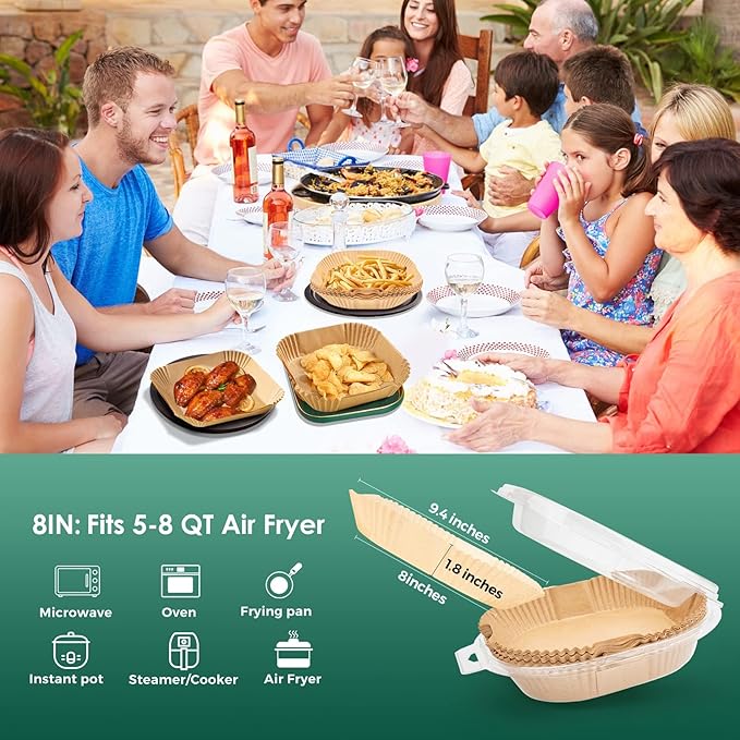 400 Pcs Air Fryer Paper Liners, 8" Square Air Fryer Liners Disposable, Heavy-Duty Parchment Paper for 5-8 qt Airfryer Basket, Non-Stick & Grease-Proof Baking Liner for Oven Pan
