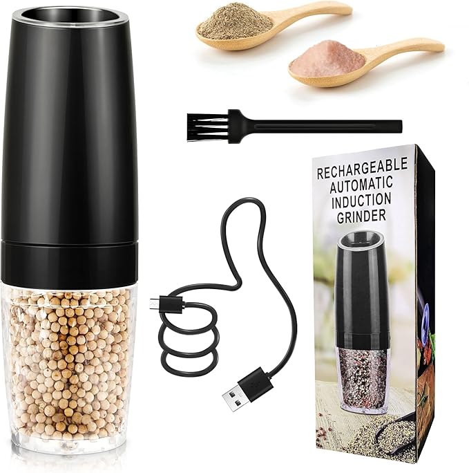 Gravity Electric Salt and Pepper Grinder, Automatic Pepper Mill, USB Rechargeable, Adjustable Coarseness, One-handed Operation, Ceramic Burr, Refillable, Auto Grinders with LED Light