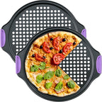 Amazing Abby - Chef Stacy - 2-Pack 13-Inch Non-Stick Pizza Pan with Holes, Perforated Pizza Crisper with Heat-Resistant Silicone Handle Grips, Oven-Safe Bakeware, Carbon Steel Baking Pan for Oven