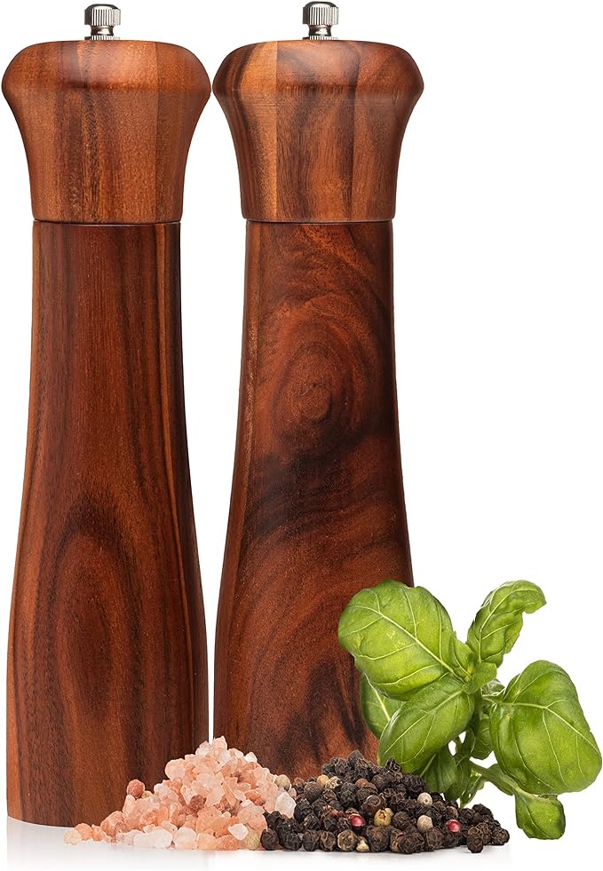 Wooden Salt and Pepper Grinder Set - Premium Acacia Wood Grinders with Adjustable Ceramic Grinding Mechanism - 8 inch Refillable Salt and Pepper Mills