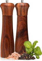 Wooden Salt and Pepper Grinder Set - Premium Acacia Wood Grinders with Adjustable Ceramic Grinding Mechanism - 8 inch Refillable Salt and Pepper Mills
