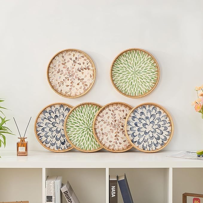 Round Rattan Tray for Home Decor 11.8 inch, Modern and Boho Decor Serving Tray with Mother of Pearl Inlay, Wicker Basket for Coffee Table, Hand Woven Decorative Tray Plates (Black)