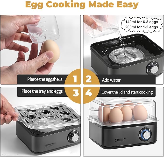 Annie & Mia Design Electric Egg Cooker, Stainless Steel 8 Egg Capacity egg boiler, 500W, Hard, Medium, Soft Boiled Egg Poacher, egg steamer, Multi-function, Knob Controled Auto Shut-Off Function