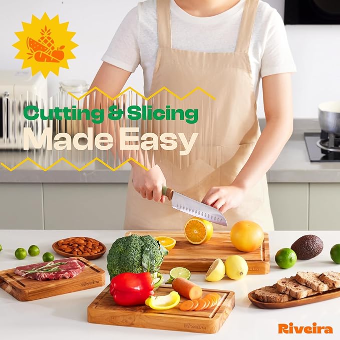 Riveira Teak Wood Cutting Board – Gourmet Teak Grandeur: 12 x 10 Wooden Cutting Board – Natural Wooden Cutting Boards For Kitchen Decorative – Innovative Juice Grooves Teak Wooden Chopping Board