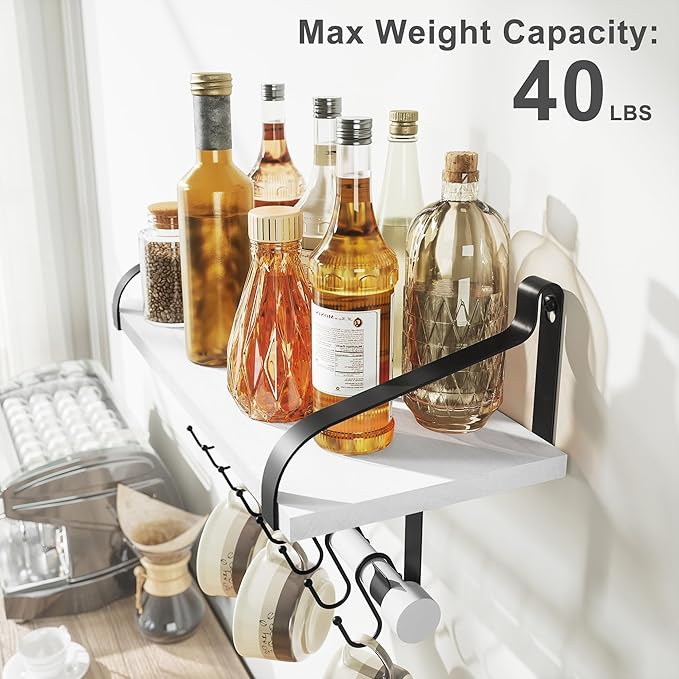 Love-KANKEI Floating Shelf Wall Shelf for Storage Rustic Wood Kitchen Spice Rack with Towel Bar and 8 Removable Hooks for Organize Cooking Utensils or Mugs White
