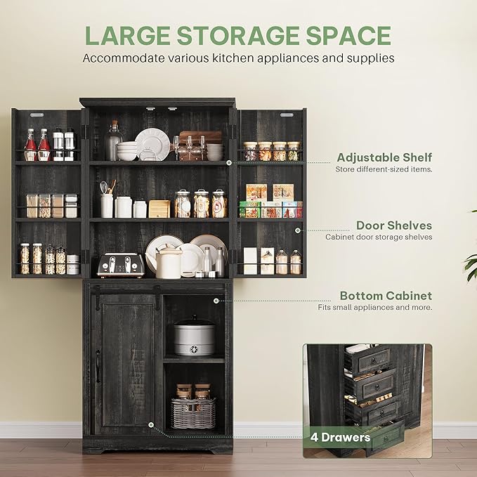 YITAHOME Pantry Cabinet, 71-Inch Tall Freestanding Storage Cabinet with 4 Drawers, Farmhouse Cupboard with Doors Storage, Adjustable Shelves, for Living Room, Dining Room, Black Oak