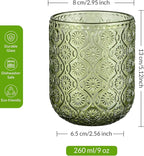 Joeyan Small Green Drinking Glasses,Vintage Embossed Floral Water Glass Tumbler Cups,Colored Beverages Cocktail Juice Wine Glassware,9 oz,Set of 4,Dishwasher Safe