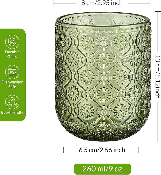 Joeyan Small Green Drinking Glasses,Vintage Embossed Floral Water Glass Tumbler Cups,Colored Beverages Cocktail Juice Wine Glassware,9 oz,Set of 4,Dishwasher Safe