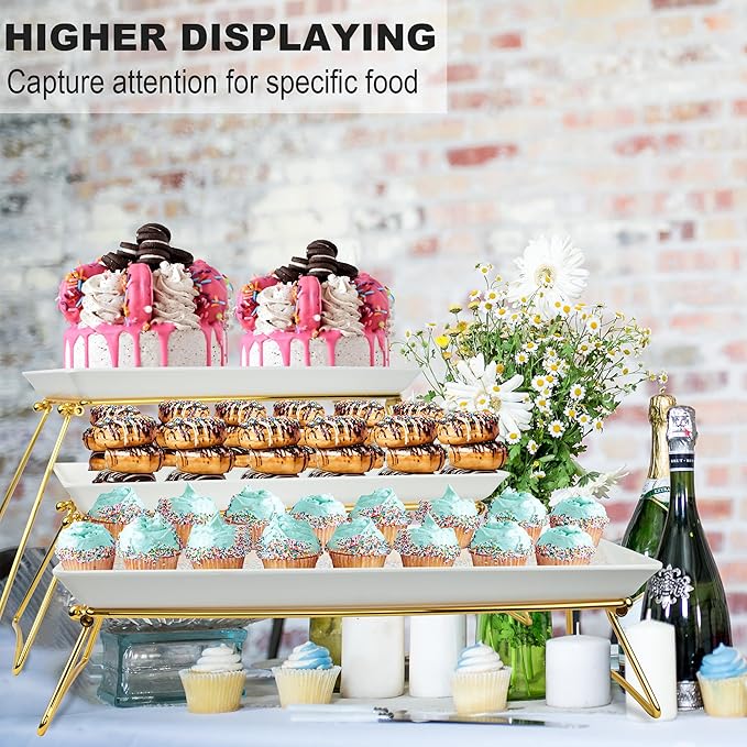 Extra Large 3 Tier Serving Tray Set, 24x22x9.7 inch Cupcake Fruit Cookie Dessert Table Display Stands Melamine Tiered Platters Food Trays for Party Buffet Entertaining, Gold